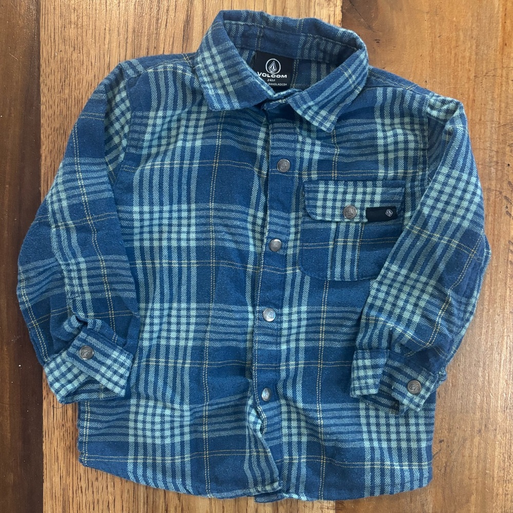 Volcom Toddler Button Down Shirt Blue Plaid Flannel 24M 2T Long Sleeve Layering